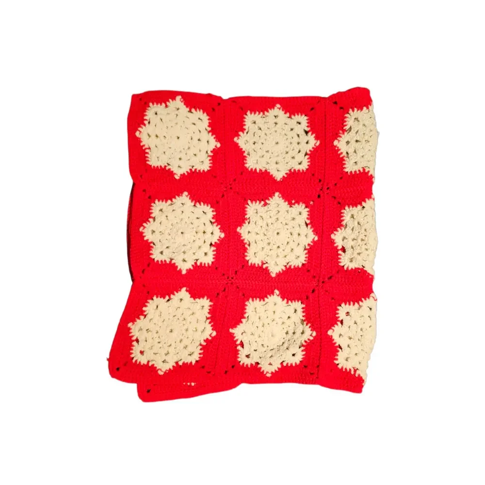 Handmade Crocheted Red and White Afghan 46